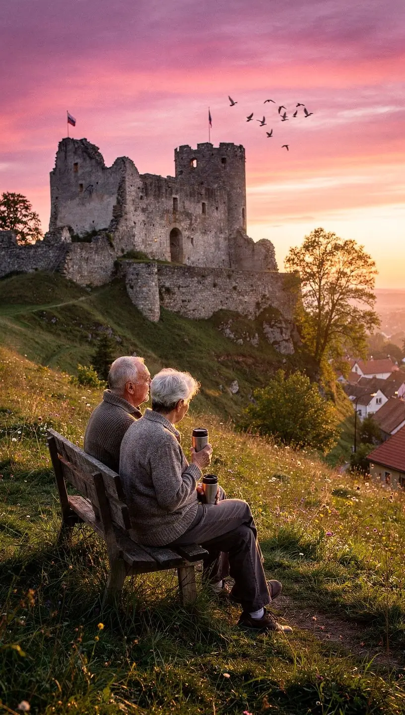 A scenic overlook showing multiple castle landmarks across the Slovak countryside under a clear blue sky.
