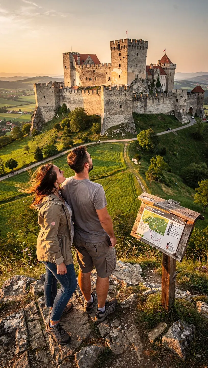Hikers ascending a forest trail leading to a prominent castle viewpoint overlooking the valley below.