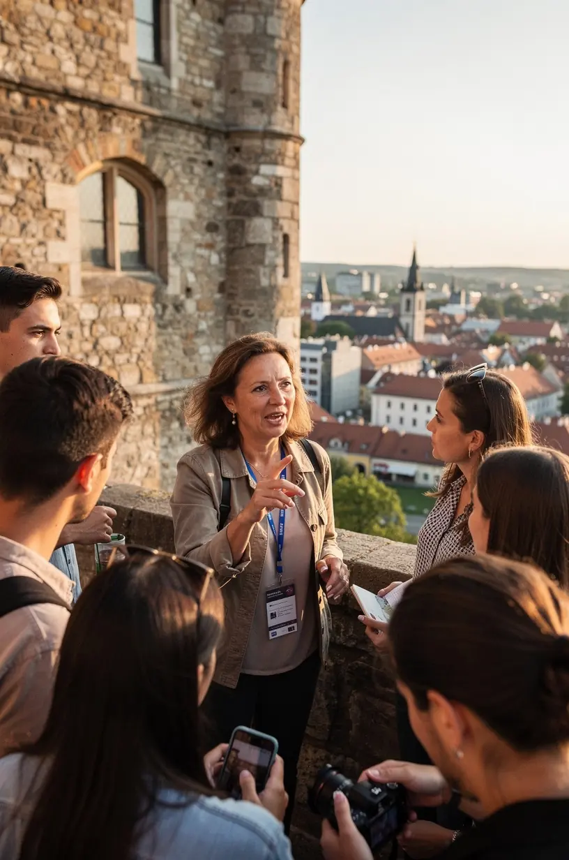 A group of travelers taking photos near a castle viewpoint with breathtaking views of surrounding hills.