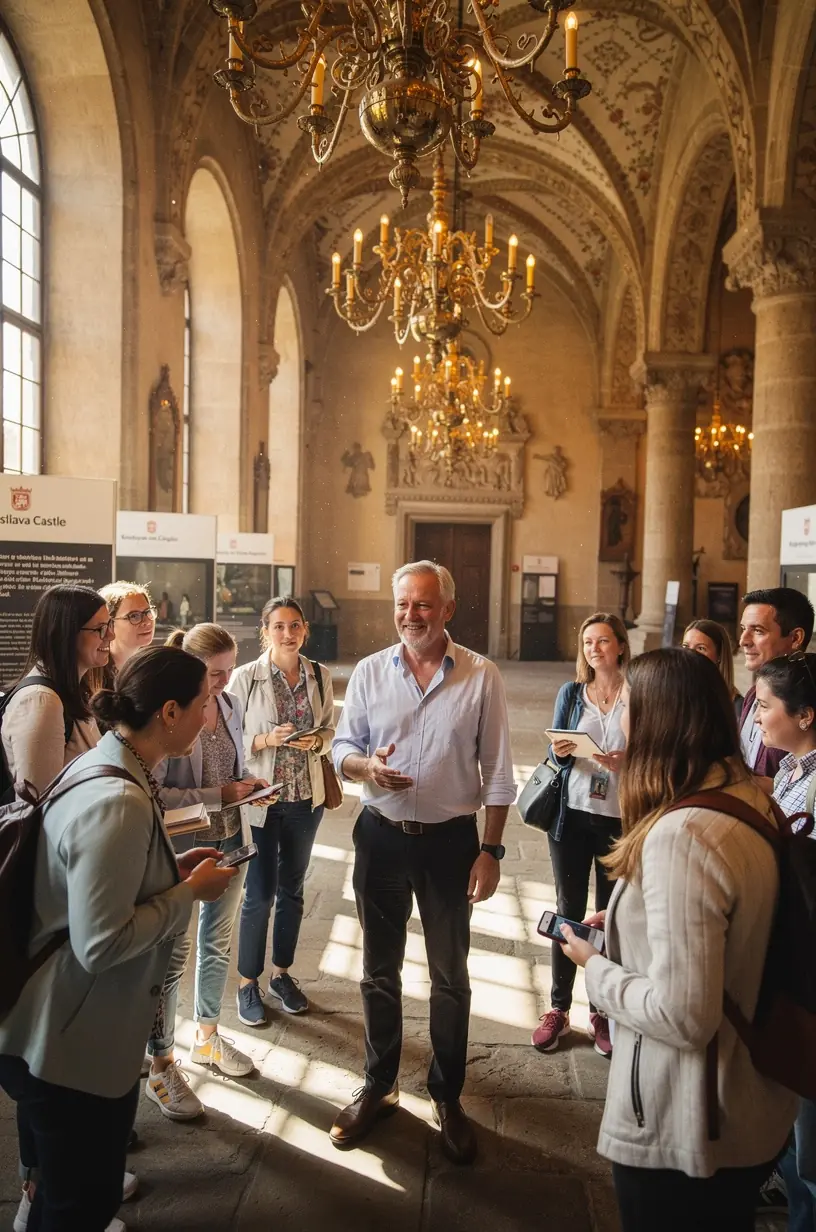 A panoramic view of a historic Slovak castle perched on a hilltop surrounded by lush greenery.