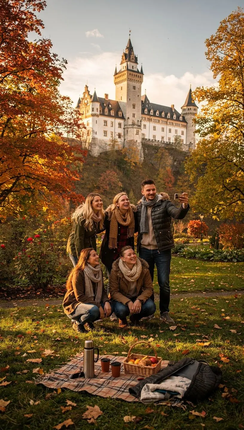 Tourists walking along a cobblestone path approaching an ancient castle gate with informational signage.