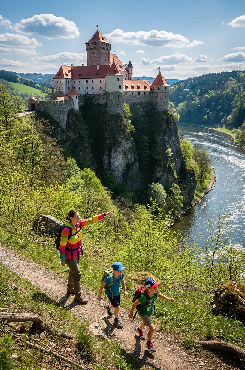 Close-up of detailed medieval stonework and architectural features of a Slovak castle tower.