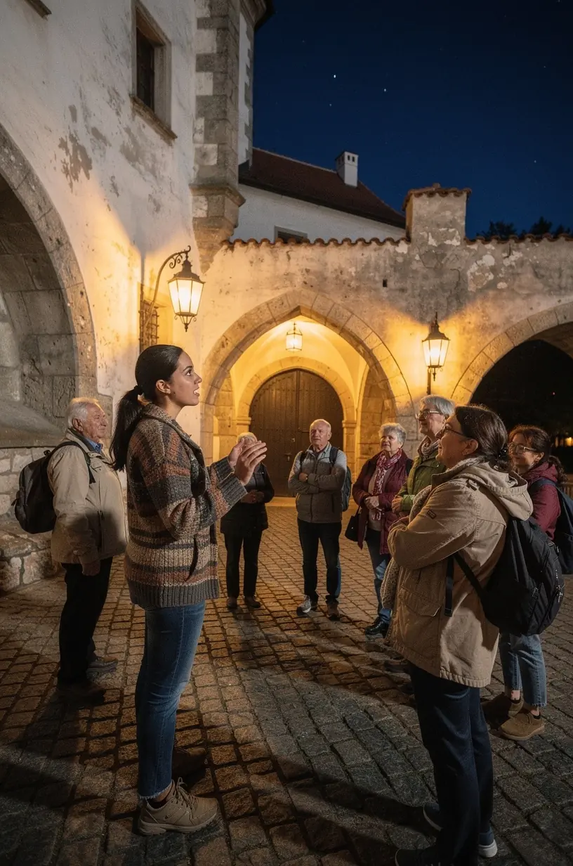 Visitors enjoying a guided tour with an expert explaining the historical significance of a castle courtyard.